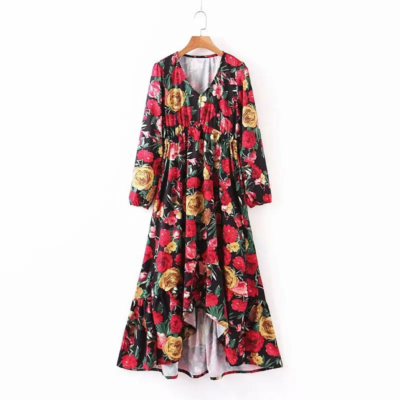 Jastie осеннее женское платье миди с асимметричными рюшами Boho Платья с цветочным принтом винтажное платье с v-образным вырезом Vestidos De Fiesta De Noche