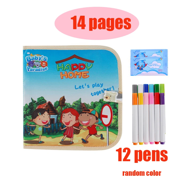 Kids Drawing Toys Portable Soft Drawing Book Magic Pen Painting Coloring Book DIY Blackboard Painting Drawing Board with pens - Цвет: 14pages happyhome