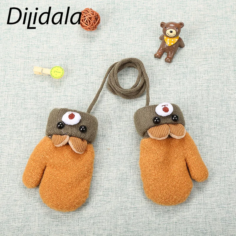 Dilidala Children Knitted Gloves Kid New Full Finger Double Layer Plus Velvet Thickening Cute Ear Bear Cartoon Child Gloves