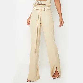 

high waist pants women Ruffled zip belt female wide leg pants Solid ladies work wear chic autumn winter trouser