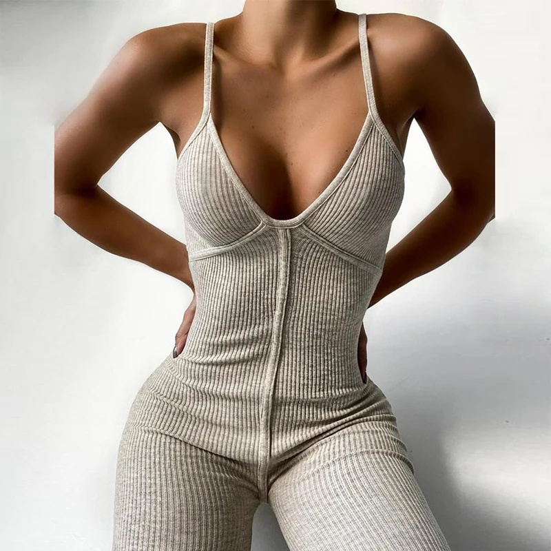 Elegant Off Shoulder Rib Knit Jumpsuit Women Rompers 2020 Sexy Sleeveless Jumpsuits Deep V Neck Backless Solid Skinny Bodysuit