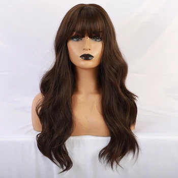 

JONRENAU Long Brown Color Synthetic Natural Wave Wigs with Neat Bangs for White/Black Women Party Wear