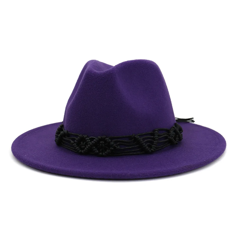 FS элегантная однотонная женская шерстяная Фетровая Шляпа Fedora Trilby, мужские шляпы с широкими полями, винтажная джазовая Кепка, красный, розовый, Sombreros Fieltro Mujer - Цвет: Purple Fedora Hat