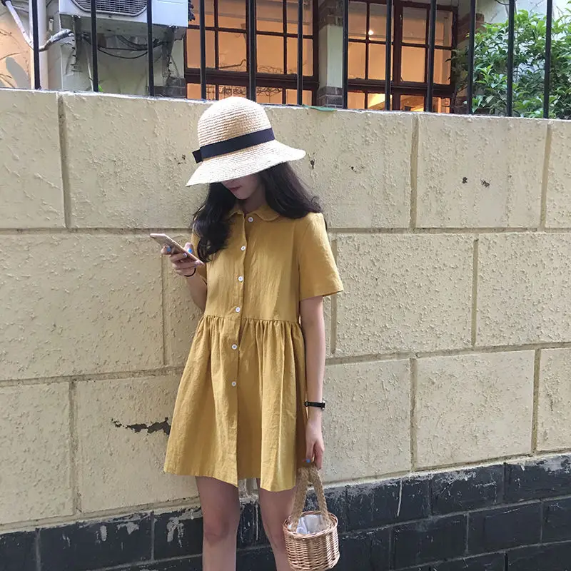 Short Sleeve Dress Women Friends Solid A-Line All-match Vintage Stylish Kawaii Simple Vestidos Daily Summer Single Breasted 2021 a line dress