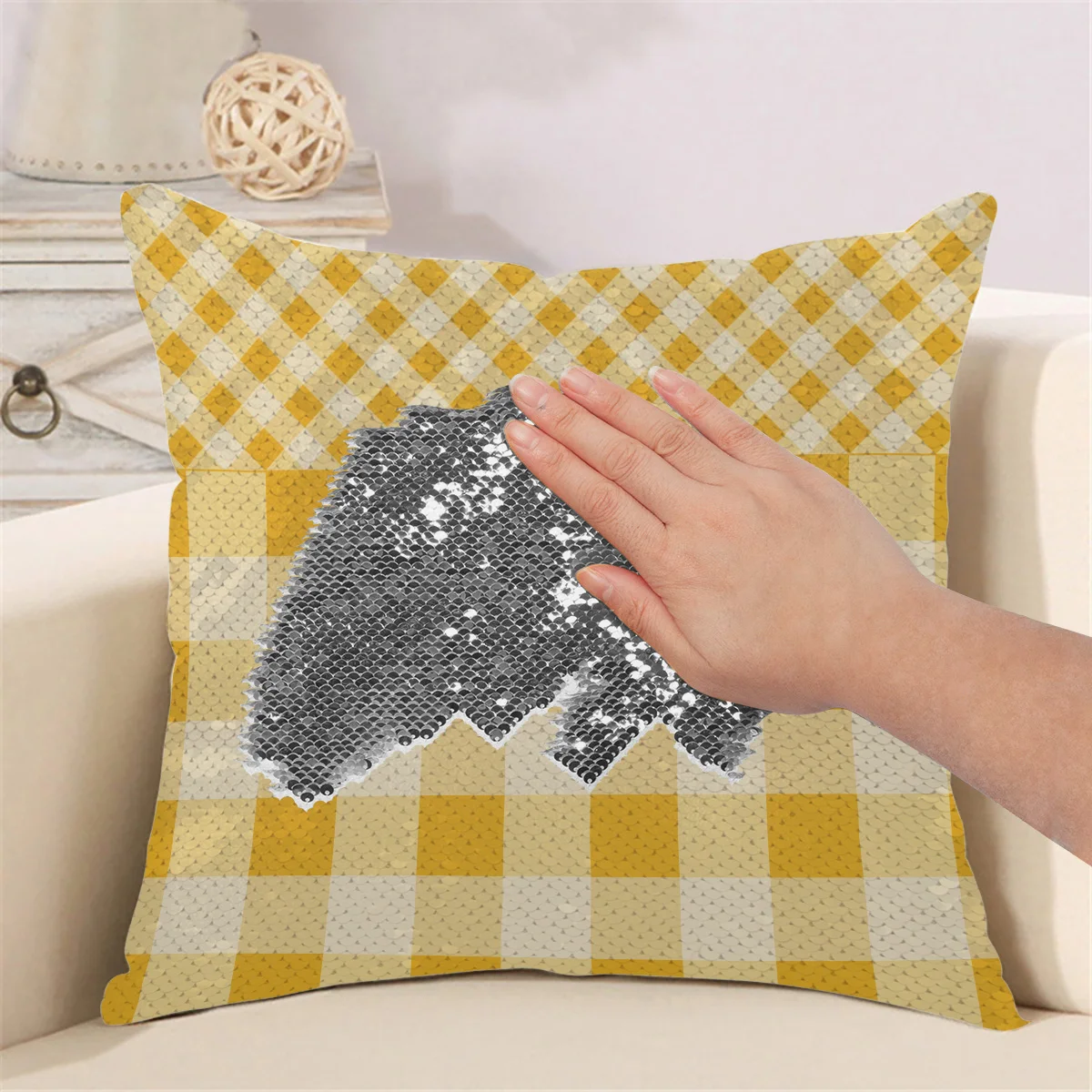 Yellow Check Stripe Square Stitching Magic Pillowcase Sequins Throw Pillow Case Home Decorative Reversible Pillow Cover
