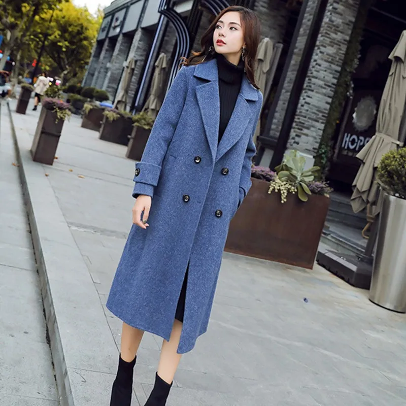 Smoky blue UHYTGF Женское зимнее пальто Элегантная Женская Длинная шерстяная куртка двубортное повседневное осеннее шерстяное пальто Свободное 2XL Плюс Размер Топ 764 - Цвет: Smoky blue
