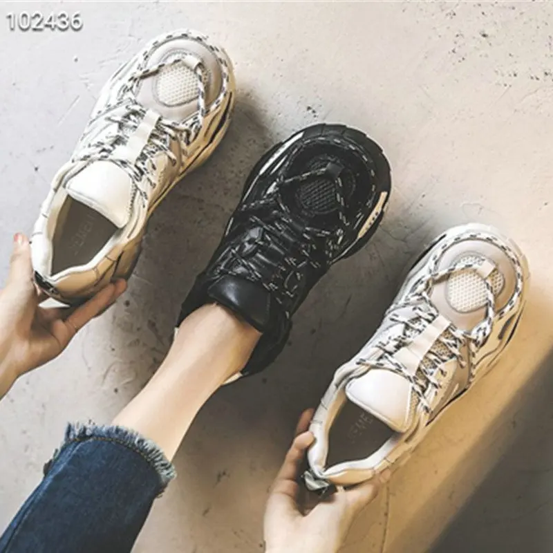 Women's Platform Sneakers Autumn Leather Mesh Women Chunky Sneaker Fashion Thick Sole Woman Dad Shoes Ladies Flat Footwear