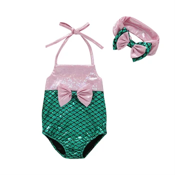 

2020 Summer Cute Toddler Baby Girls Mermaid Swimming +Headbands Swimwear Swimsuit Beachwear Romper