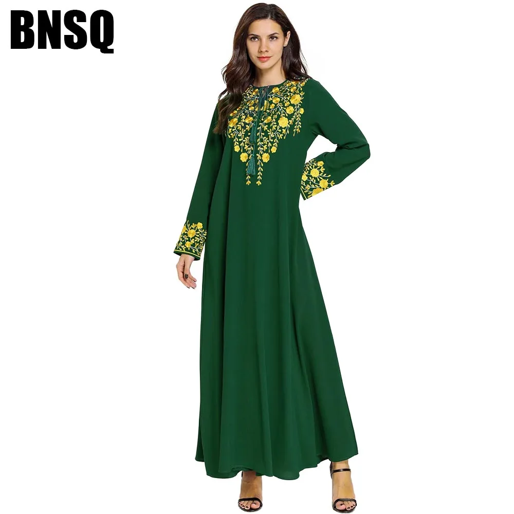 BNSQ элегантный Исламская с рукавами зеленого цвета и абайя, кафтан платье для выпускного вечера с золотой цветочной вышивкой высокое