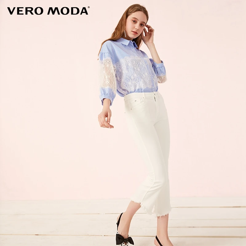 Vero Moda Женская Полосатая кружевная рубашка с 3/4 рукавами | 319131540