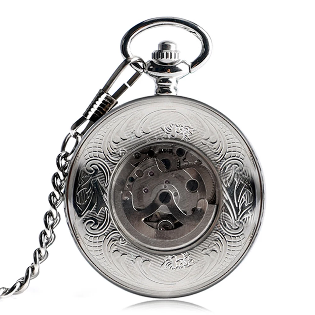 Автоматические Механические карманные часы-Скелетон с автоматическим заводом, винтажные роскошные серебряные дизайнерские часы с черным скелетом и цепочкой 30 см
