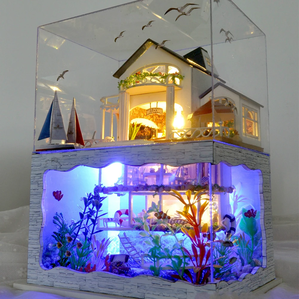 DIY Миниатюрный 3D Деревянный миниатюрный кукольный домик, двухслойный светодиодный светильник, кукольный дом, мебель, модель игрушки для детей, подарки на день рождения