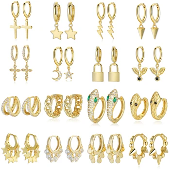 

925 Sterling Silver Moon Star Cross Lock Earrings for Women Gold Snake CZ Small Hoop Earrings Piercing Huggies 2020 New Bijoux
