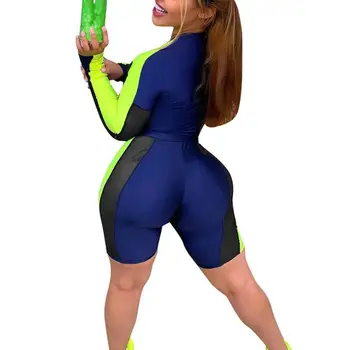 

Women Deep V-Neck Bodysuit And Biker Shorts 2 Piece Set Zip Long Sleeve Tracksuit Sport Suit Outfits Bodycon Suit