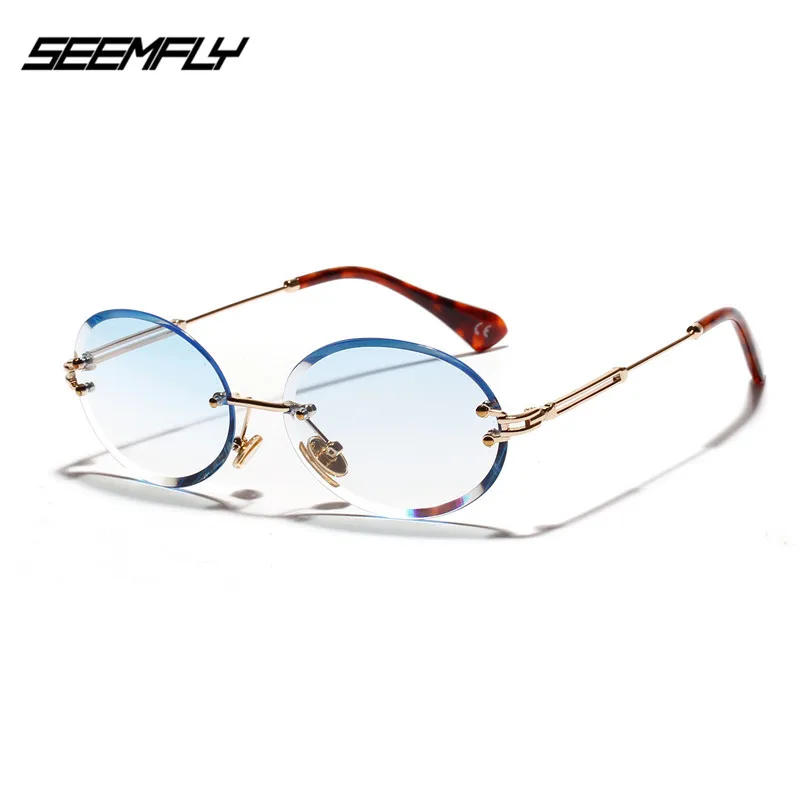 

SEEMFLY Women Retro Rimless Oval Sunglasses Brand Designer Clear Lens Sun Glasses Ladies Fashion Round Sunglass Shade Eyewear