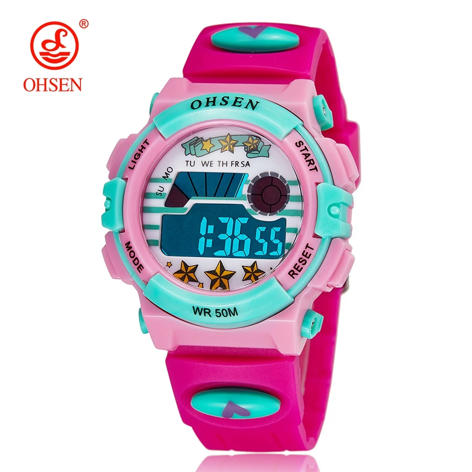 Ohsen Kids Sport Horloges 50M Waterdichte Rode Cartoon Digitale Horloge