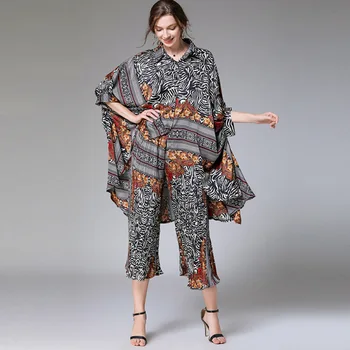 

Fashion Lapel Bat Sleeve Stitching Irregular Hem Loose Blouse 2020 Summer New Contrast Zebra Pattern Womens Two Piece Suits