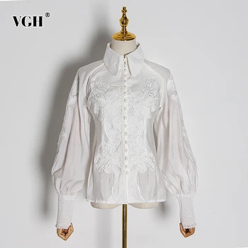 

VGH Casual Perspective Shirt For Women Lapel Collar Lantern Long Sleeve Embroidery Blouse Female Clothes 2020 Spring Fashion New