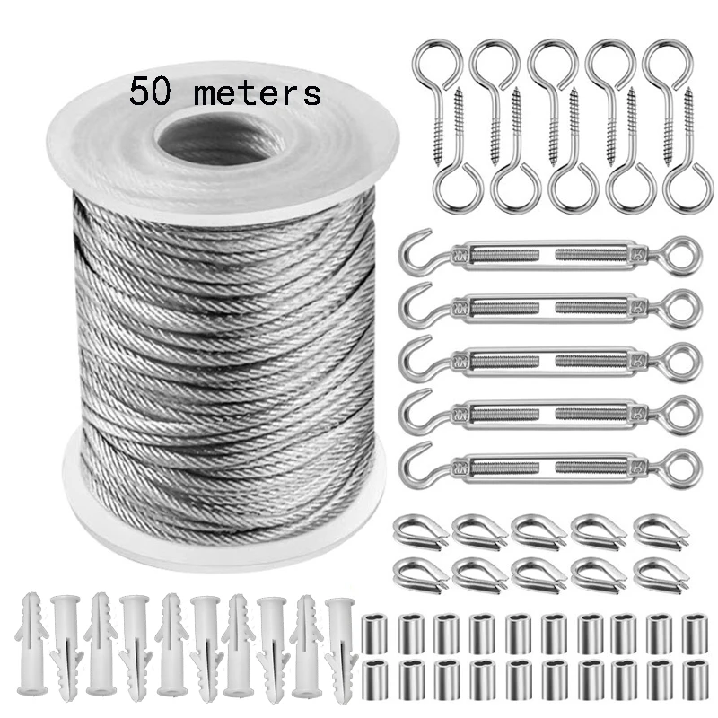 50 Meter 2mm Kit Steel PVC Coated Flexible Wire Rope Soft Cable Transparent Stainless Steel Clothesline Hook Screws Basket Bolt