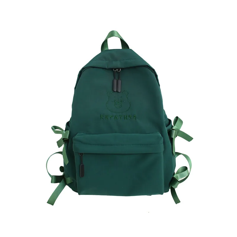 

Cute Girls Backpack Simple Bear Embroidery Bow Decoration Bagpack Waterproof Student Bags Solid Color