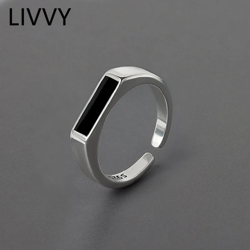 Silver Color Geometric Black Adjustable Ring Minimalist Fine Jewelry For Women Party Gift Trend silver ring adjustable rings finger ring