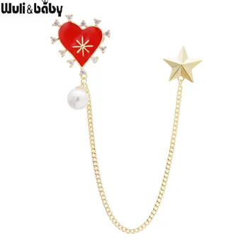 

Wuli&baby Red Heart Gold Star Tassel Brooches Women Men Suits Shirt Collar Pins Jewelry Gifts