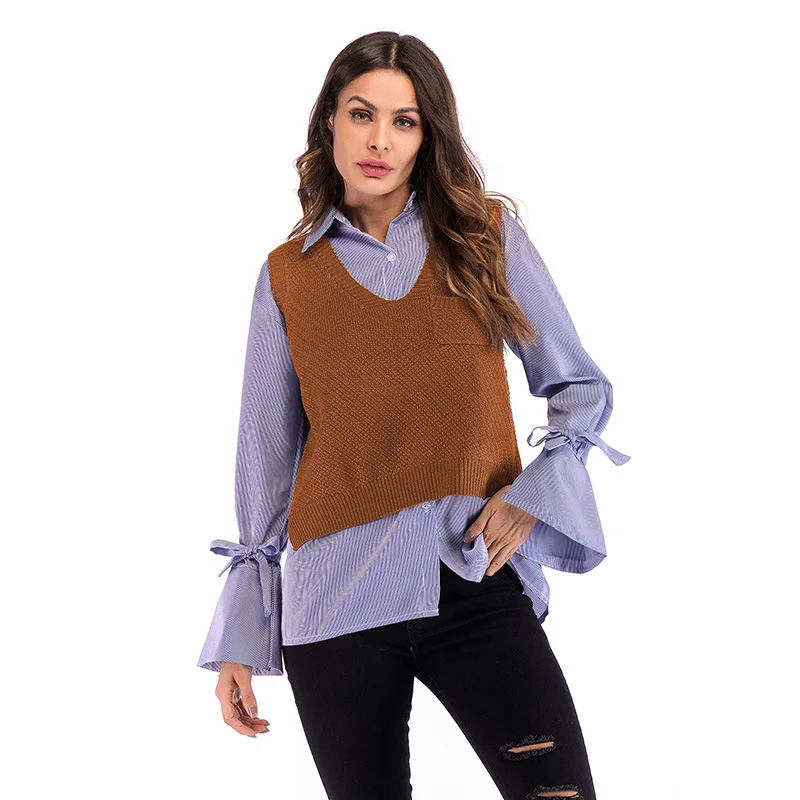 

2019 Women's V-neck Split Sleeveless Knit Vest Loose Pullover Top Small Short Vest Knitted Vest Autumn Outwear Casual Tops