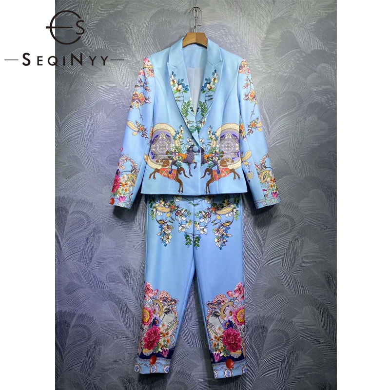 

SEQINYY Blue Vintage Suit 2020 New Fashion Runway Female Blazer + Midi Pants Flower Print Elegant Pocket Autumn Winter Set