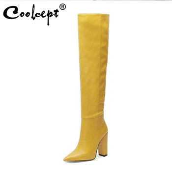 

Coolcept 6 Colors Winter Women Knee Boots Fashion Pointed Toe Solid Color Shoes Women Warm Thick High Heels Footwear Size 34-44