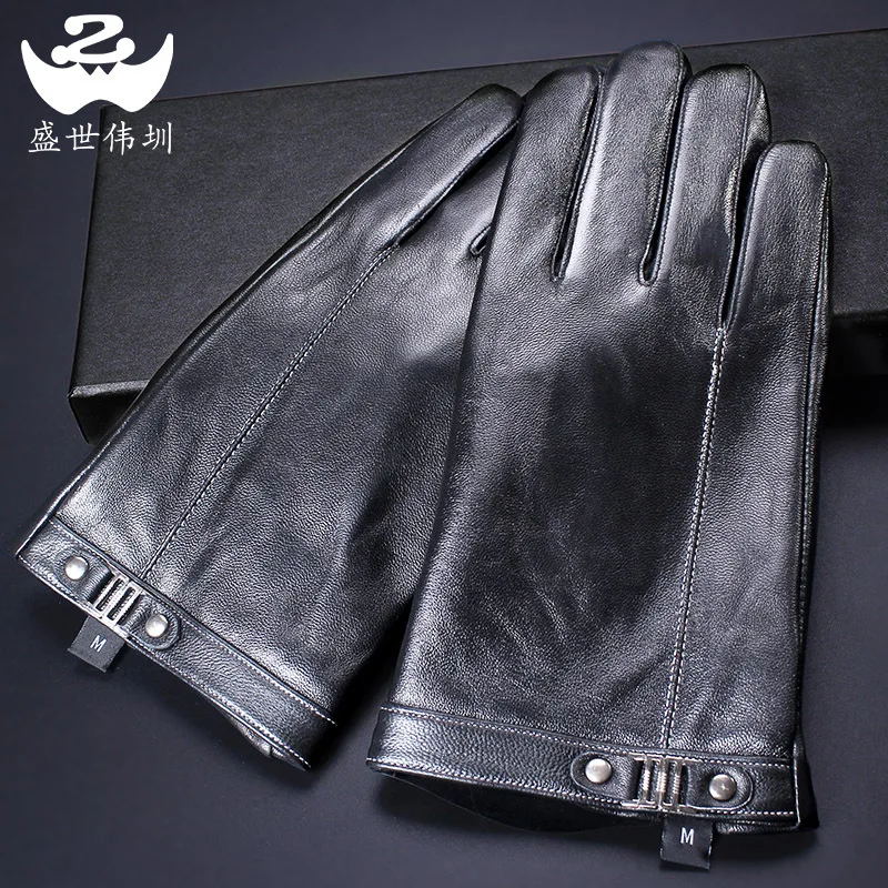 

Men Genuine Sheepskin Leather Gloves Autumn Winter Warm Touch Screen Full Finger Black Gloves High Quality