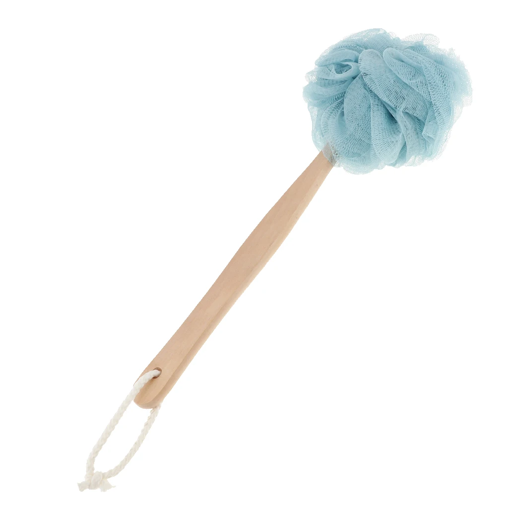 Blue Длинная ручка сетка Pouf губка для ванной, душа тела и спины скруббер на палочке с деревянной ручкой для мужчин и женщин, легко достигать - Цвет: Blue