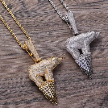 

Hip Hop AAA Cubic Zirconia Pave Bling Iced Out Big Button Polar Bear Pendants Necklaces for Men Rapper Jewelry Gold Color