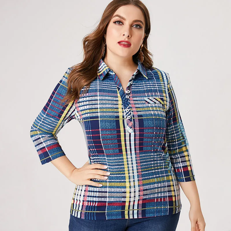 Promo 2020 Fall Women Long sleeve Pullover stripe Blouse fashion ladies Retro elegant mom clothes Plus Size Womens Tops