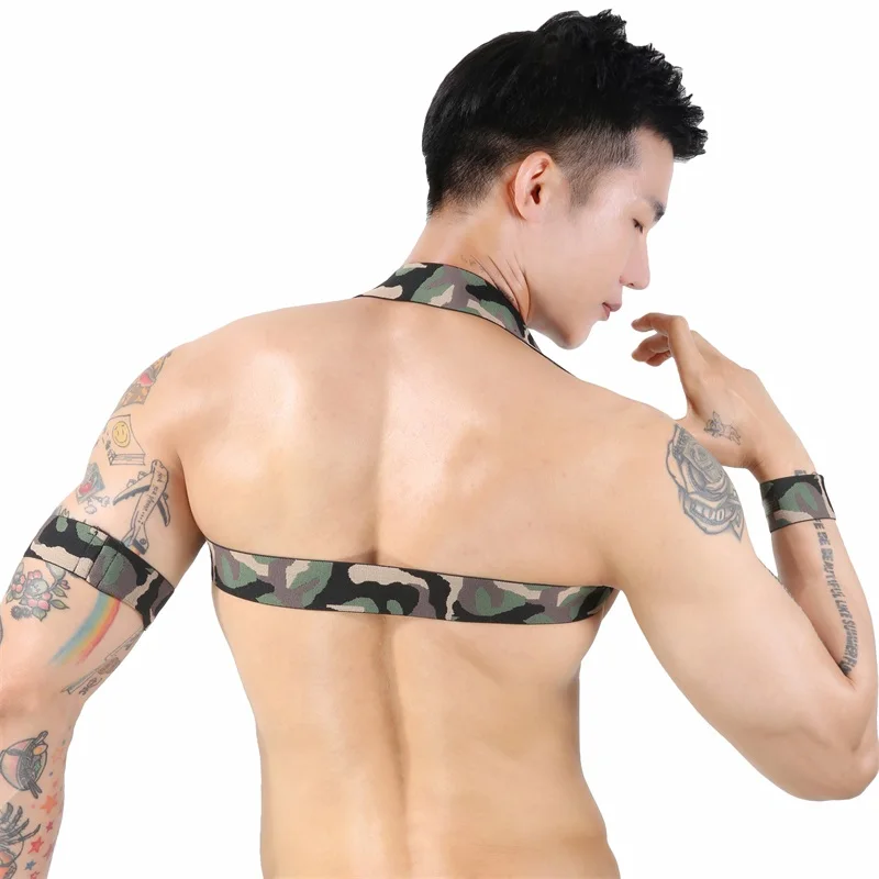 Sexy Clubwear Shoulder Lingerie Elastic Strap With 2 Bands Men Camouflage Halter Chest Harness Fetish Bondage mens bondage lingerie,sexy fetish wear,men chest harness belt