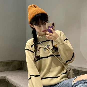 

Vintage Embroidered Striped Sweater Women's Sweaters Japanese Kawaii Ulzzang Female Korean Harajuku Clothing For Women
