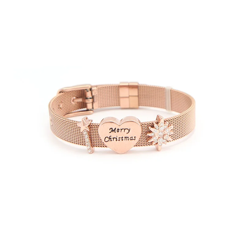 rose gold set SANSHOOR Горячая Модный Блестящий Фея бар гравировка Рождество сердце горки из нержавеющей стали браслет набор для женщин - Окраска металла: rose gold set