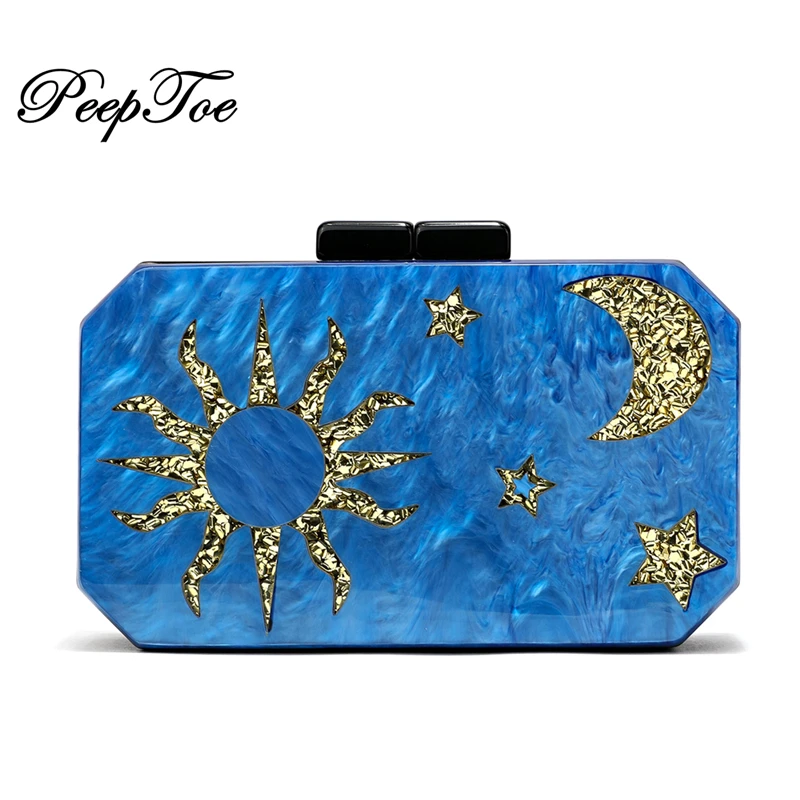 New Designer Women Marble Acrylic Universe Sun Moon Stars Multi Colored Evening Wedding Party Clutch Purse Casual Chains Handbag |
