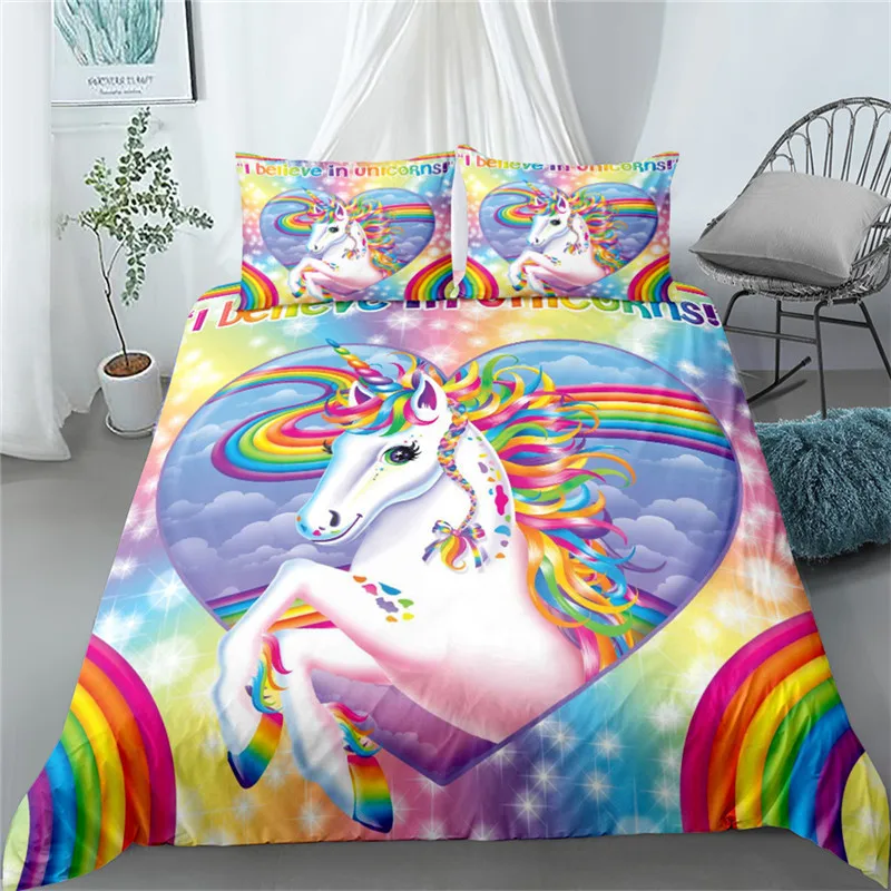 Featured Smile Unicorn Pink Princess Duvet Cover Set King Queen Full Twin Size Bed Linen Set 