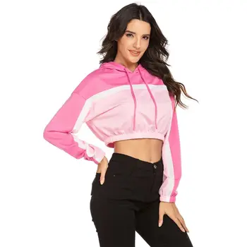 

Women Long Sleeve Drawstring Hoodies Pink Color Block Stripe Crop Top Sweatshirt 449F