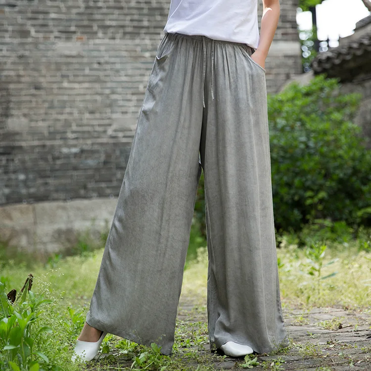 Johnature 2020 Autumn New Full Length Retro Elastic Waist Tie Dye Wide Leg Pants Loose Comfortable All-match Women Lace Up Pants