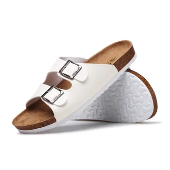 

Whoholl 2020 New Men's Leather Mule Clogs Slippers High Quality Soft Cork Two Buckle Slides Footwear For Men Women Unisex 35-46