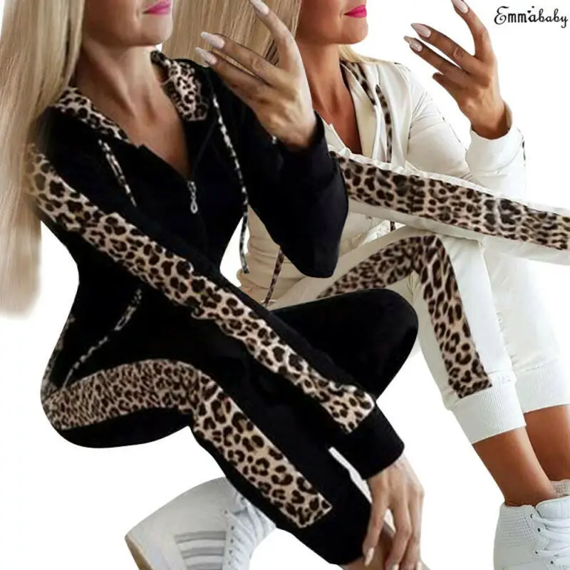 Женский комплект спортивный костюм с длинным рукавом леопардовая Женская толстовка с принтом сексуальный комбинезон боди с Капюшоном Повседневный костюм