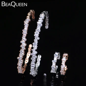 

BeaQueen Fashion Women Irregular Baguette CZ Crystal Open Cuff Bracelet Bangle and Ring Rose Gold Color Jewelry Set JS100