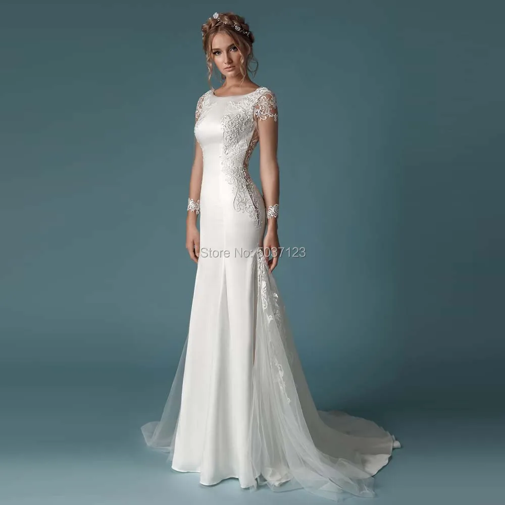 

Satin Long Sleeves Mermaid Wedding Dresses Vestido De Noiva Lace Appliques Bridal Wedding Gowns Back Button Illusion Court Train