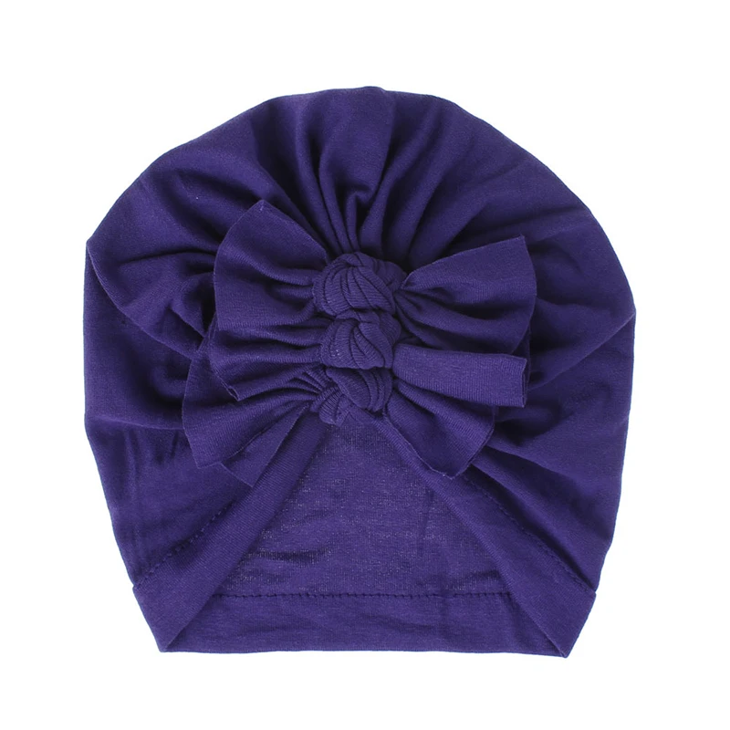 Dark Purple Детский тюрбан из хлопка, топ с бантом, шапка для маленьких мальчиков и девочек, индийская шапочка, милая мягкая шапочка для новорожденных, три банта, головные уборы, аксессуары - Цвет: Dark Purple