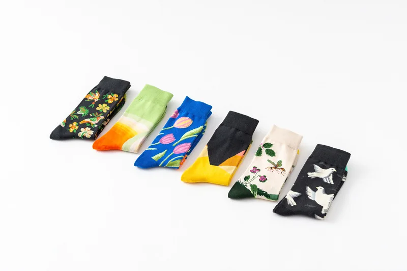 Хлопковые носки для мужчин, повседневные, в стиле Харадзюку, креативные, цветные, забавные, женские носки, без пятки, с рисунком цветов, птиц, эскизов, скейтборд, унисекс
