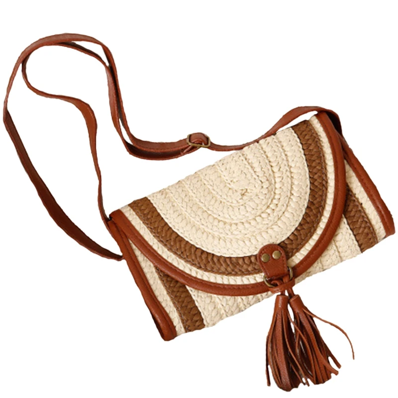 

ABZC-Handmade Bali Beach Bags Women Summer Island Straw Knitted Handbag Crossbody Wicker Bag Woven Flap Bag(Brown)