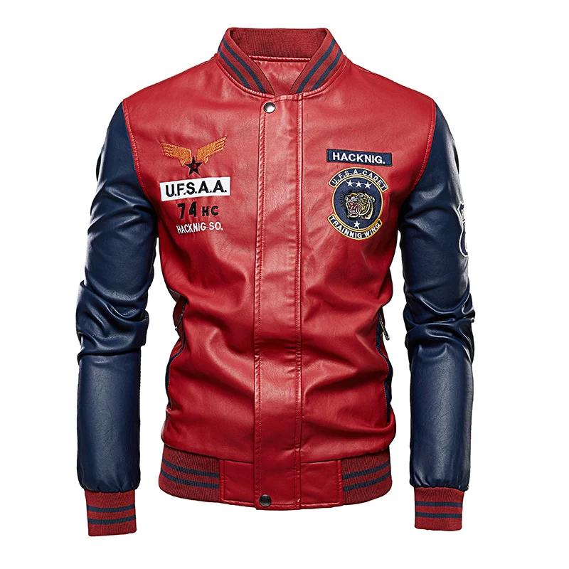 New Leather Jacket Men Bomber Baseball Jackets Biker Pu Coat Faux Pilot Varsity Fleece College Top Leat