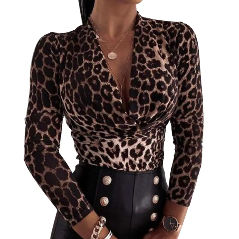 Camiseta de manga larga con cuello en V para mujer, blusa Sexy con estampado de leopardo para Otoño e Invierno 2020
