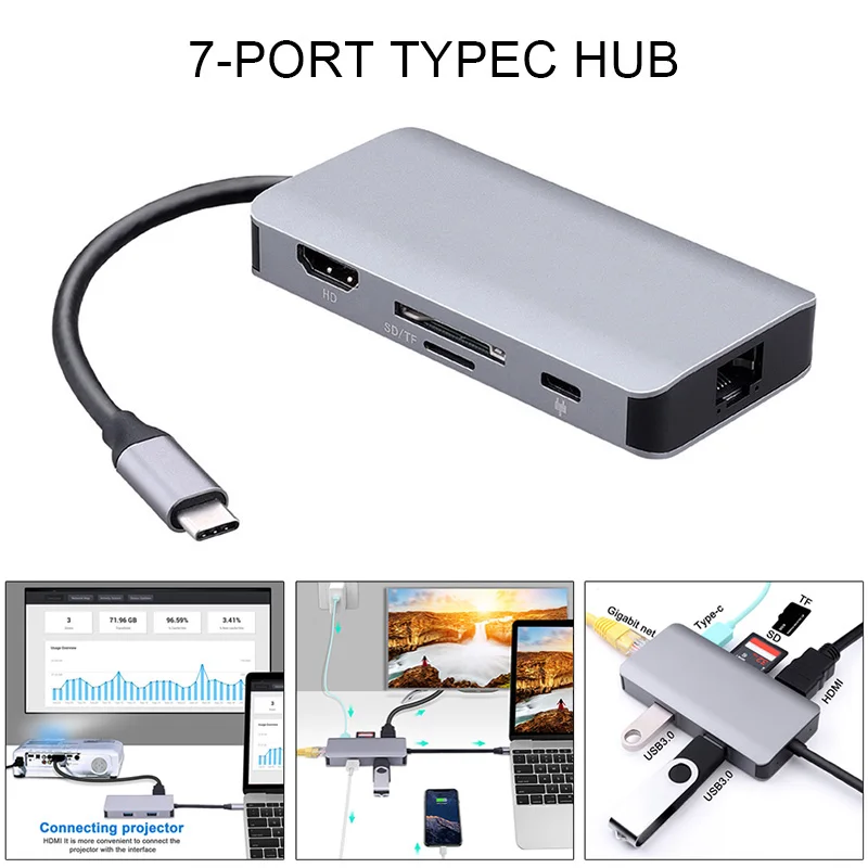 

Type C Hub to 4K HDMI Output 2 USB Ports SD/TF Card Reader 1000Mbps Network Adapter with PD3.0 LFX-ING